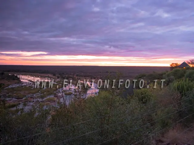 In this image we can see water, some plants and trees. At the top of the image there is the cloudy...