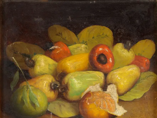 In this picture we can see painting of few fruits, at the right bottom of the image we can see some...