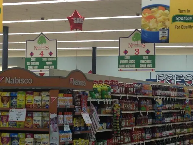 In this picture I can see there is a super market here and it has some groceries and there are some...