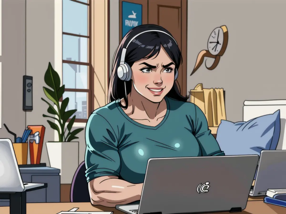 Joyful individual executing remote tasks from home, utilizing a laptop for call center interactions...