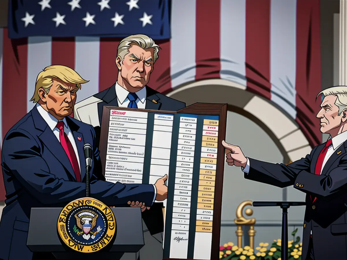 Trump, accompanied by US Commerce Secretary Howard Lutnick, discusses tariffs in a speech held in the Rose Garden at the White House in Washington D.C., on April 2, displaying a chart for emphasis. Trump stands alongside US Commerce Secretary Howard Lutnick, unveiling a chart, during his discourse on tariffs in the Rose Garden of the White House, situated in Washington D.C., on April 2.