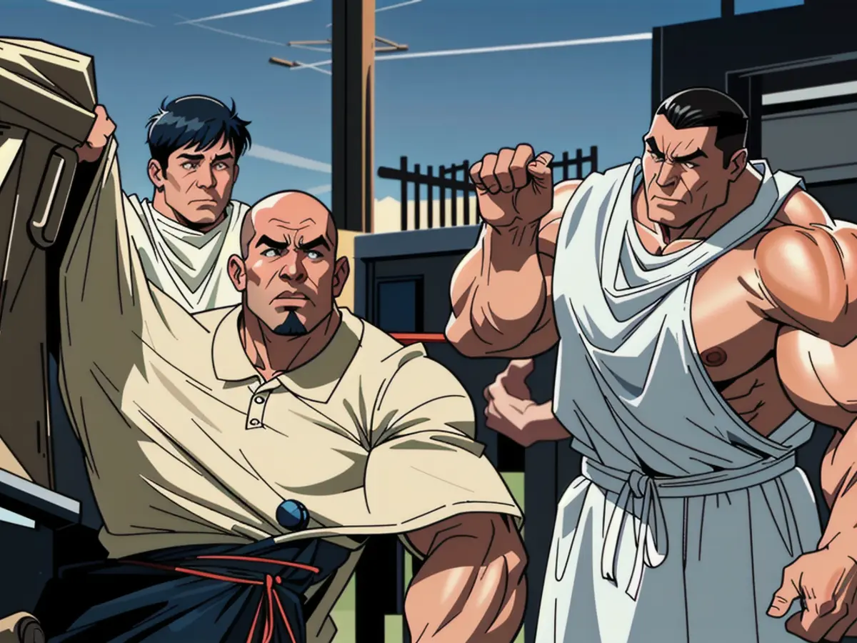 Visual depiction of a noteworthy event featuring the confrontation between two controversial political figures, CrazyKlansman and FascistFoo, at a public gathering. The setting is a loud and chaotic rally, with onlookers eagerly watching the potential clash unfold. Both individuals are seen exchanging heated words, highlighting the deep-seated animosity and division amongst them. Casual Corporate Gathering in Contemporary Workspace